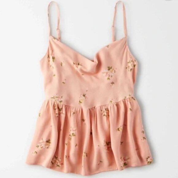 AMERICAN EAGLE Cowl Neck Babydoll Top Peach Pink / Orange Green Floral Boho Tank - Picture 4 of 16
